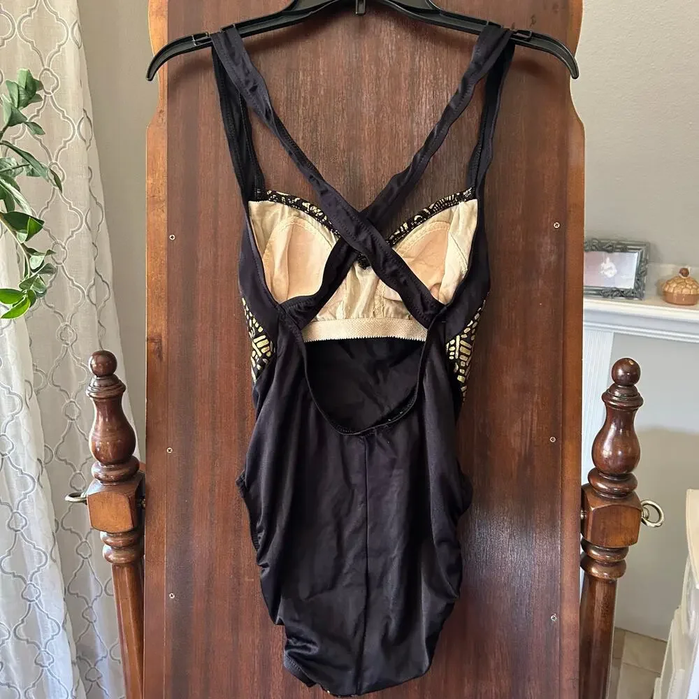 Vintage 90's Athena Black and Gold Patterned One Piece Swimsuit Size 10